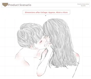 Romantic couple kissing wall sticker, black and white sketch style, 48x43cm wall decor