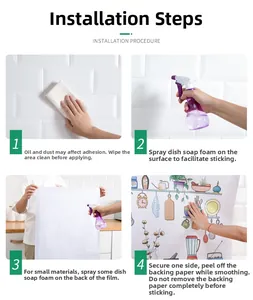 Four-step installation guide for oil-proof kitchen wall stickers with cartoon potted plant motifs