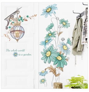 Detailed wall decal featuring vintage street lamp and blue daisy flowers with quote