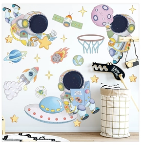 Cartoon astronaut wall decals with rocket and UFO stickers for kids bedroom decor