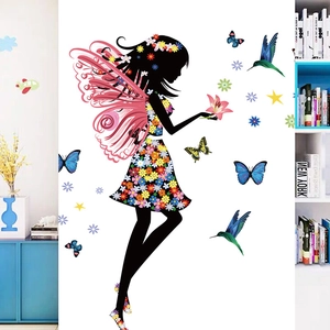Sticker mural fée fleurie avec papillon et colibri pour décoration de chambre