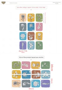 Detailed size chart showing 12 floral wall decals measuring 56x85cm after assembly