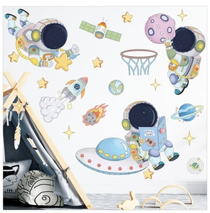 Nursery wall stickers with cartoon astronauts and rockets in macaron colors for kids room