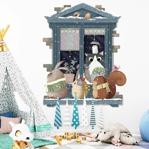 Sticker mural animaux d'hiver avec lapin, chat et hibou pour déco chambre enfant