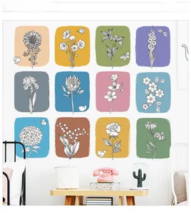 Detail showing 12-piece floral wall stickers with Morandi colors in a cozy bedroom setup