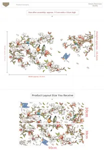 Detailed wall sticker layout showing magnolia branches and colorful birds with dimensions