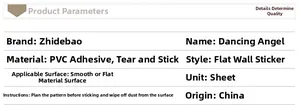 Detailed PVC wall sticker specifications table for Dancing Angel wall decal