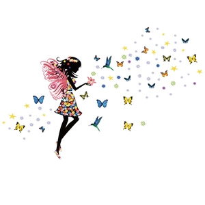 Sticker mural fée fleurie avec papillons et fleurs pour décoration murale de chambre