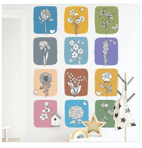 Close-up of 12 colorful floral wall decals in a hand-drawn style for home decoration