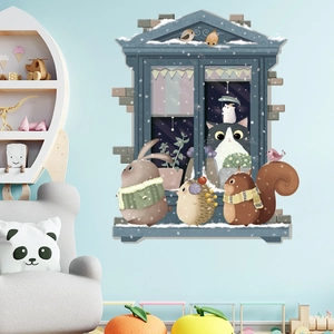 Sticker mural nordique avec animaux à la fenêtre enneigée pour chambre d'enfant