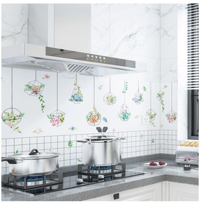 Detail of waterproof kitchen wall stickers with watercolor succulents on white tiles