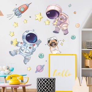 Cartoon Astronaut Rocket Stars Wall Stickers PVC Waterproof Removable Space Theme Decal For Kids Room Nursery Bedroom Decor