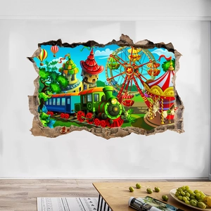 3D wall sticker with cartoon amusement park castle and train breaking through the wall