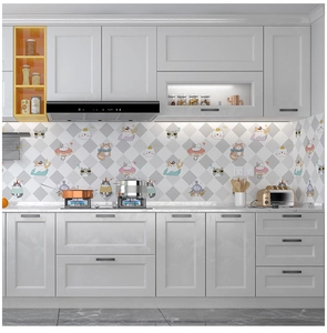 Detailed view of kitchen oil-proof wall sticker with cute cartoon cat patterns