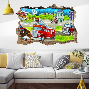3D wall decal of city rescue team with fire truck and helicopter for kids bedroom