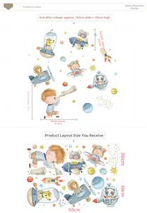 Space animals wall stickers with astronauts, rockets and stars for kids room decor