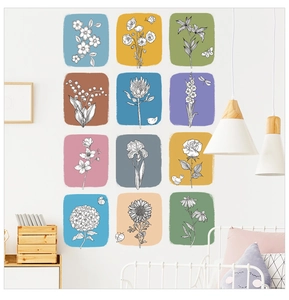 Set of 12 Morandi floral wall stickers with artistic line drawings in a cozy bedroom