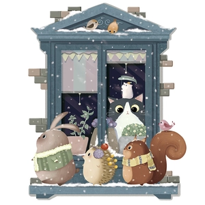 Sticker mural nordique avec maison d'hiver, lapin et écureuil de style féerique