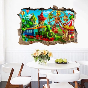 3D broken wall castle sticker with cartoon train and ferris wheel for kids room