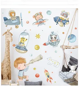 Detailed watercolor space wall stickers with animals in planes and astronaut boy on white wall