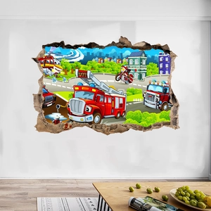 3D broken wall decal with cartoon fire trucks and city rescue theme for kids room