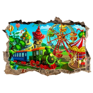 3D broken wall sticker with cartoon castle, train and Ferris wheel for kids room decoration