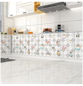 Detail of oil-proof kitchen cabinet stickers with cute cat patterns and grey rhombuses