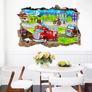 3D broken wall effect wall sticker with cartoon city rescue fire truck for kids room