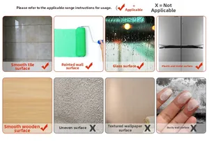 Guide showing compatible surfaces like tile, glass, and wood for wall sticker application