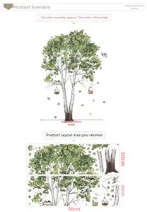 Detailed dimensions of Nordic birch tree wall stickers with birds and glass bottles