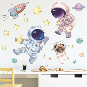 Cute astronaut and rocket wall stickers set for children room nursery decor