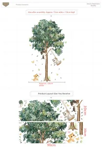 Mise en page détaillée des stickers muraux chats et arbre avec dimensions précises