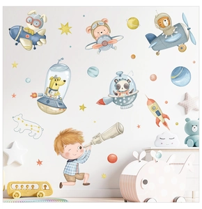 Detail of watercolor animal pilot wall stickers with rockets and stars for nursery decor