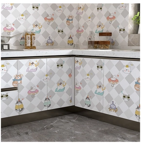 Kitchen corner view of oil-proof wall stickers with cute cartoon cats and grey lattice
