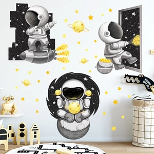 Cartoon astronaut and spaceship wall stickers set with stars for kids nursery decoration