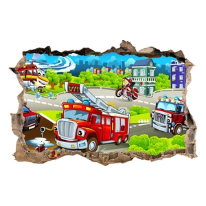3D wall sticker with red fire truck and rescue helicopter for children room decor