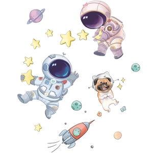 Cute watercolor space wall stickers with astronauts, rockets and stars for kids room decor