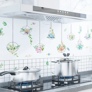 Waterproof kitchen wall sticker with hanging potted plants design on white tile background