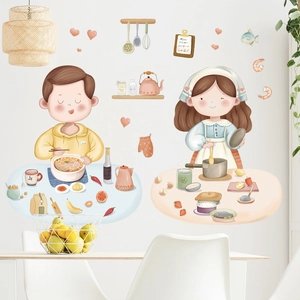 Simpatici adesivi murali cucina con bambini che cucinano e mangiano ramen stile cartone
