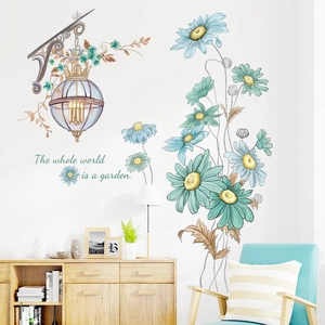 Elegant daisy wall decals with vintage street lamp and garden quote for home decor