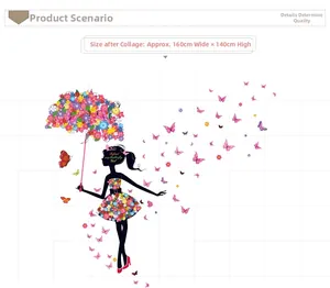 Detail of floral fairy wall decal showing 160x140cm dimensions with butterflies