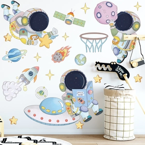 Cartoon astronaut wall stickers with planets and rockets for kids room wall decor