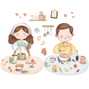 Adesivi murali cucina con coppia cartoon, personaggi che cucinano e motivi di cibo