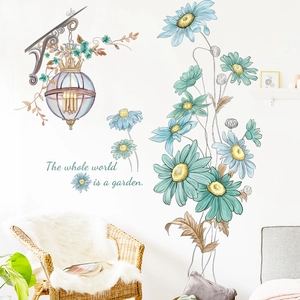European vintage street lamp wall decal with blue daisies and garden quote decor