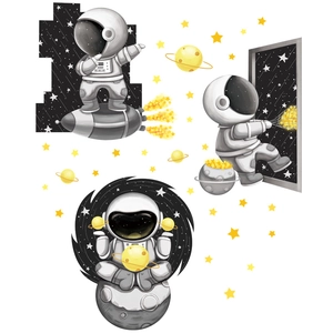 Cartoon astronaut and rocket space wall stickers with stars for nursery decoration