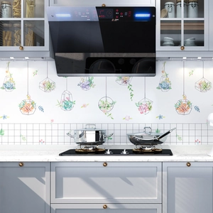 Waterproof kitchen wall sticker with succulent plants and geometric grid pattern for decor