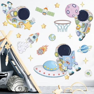 Cartoon astronaut wall stickers with rockets and planets for kids room decor