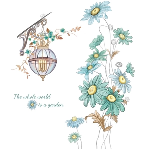 European style daisy wall stickers and vintage lamp with garden quote on white background