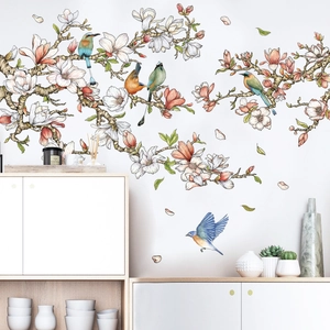 Large Magnolia Flower And Bird Wall Stickers PVC Waterproof Hand-painted Style Decal For Living Room Bedroom TV Background