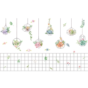 Waterproof kitchen wall stickers with watercolor hanging plants and succulent motifs
